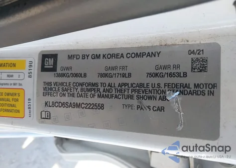 2021 Chevrolet Spark Fwd 1Lt Automatic z USA, uszkodzony, nr VIN KL8CD6SA9MC222558